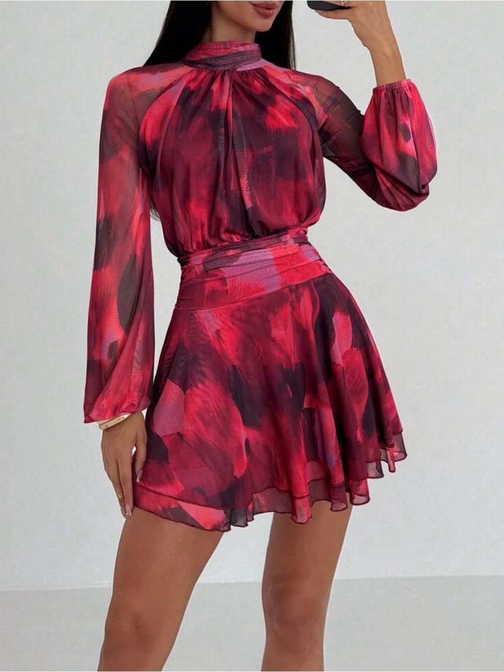 Medium long sleeved red dress